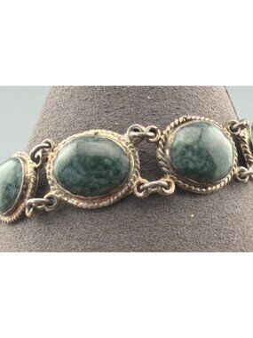 Vintage Nephrite Bracelet Sterling Silver Link Bezel Set Green Stone 8"